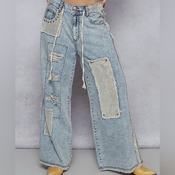 New Bestseller POL : blue denim crochet pocket patchwork wide leg Jean. - Picture 2 of 4